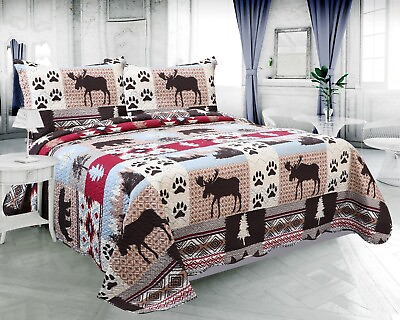 #ad Embossed Pinsonic Printed Bedspread Coverlet Quilt Set Cabin Rustic Moose Bear $61.99