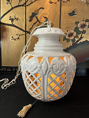 #ad FABULOUS VINTAGE MCM WHITE CERAMIC HANGING SWAG LAMP PERFECT CONDITION $200.00