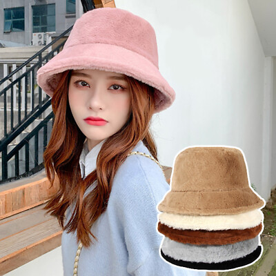 #ad Women Winter Fluffy Plush Bucket Hat Ladies Solid Warm Faux Fur Fisherman Cap $7.96