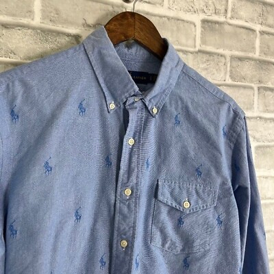 #ad Ralph Lauren Oxford Blue Pony All Over Print Button Down Shirt Mens Large Preppy $31.99