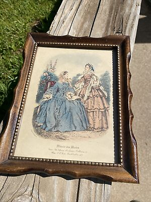 #ad Victorian Fashion Plate Hand Colored Antique Framed Print Miroir Des Modes 7X9 $14.00