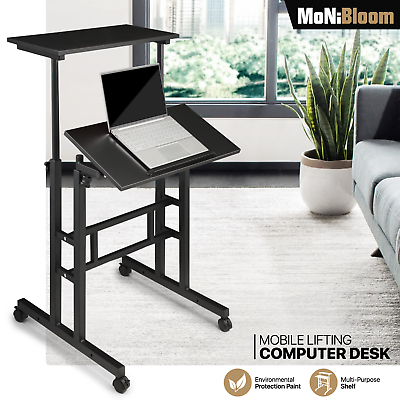 #ad Rolling Laptop Desk Adjustable Height Computer Table Stand up Office Workstation $57.99
