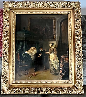 #ad Antique 19th Century Dutch Oil Painting Baroque Revival Style Interior Scene $2078.99