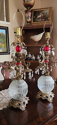 #ad Hollywood Regency Vintage Round Crystal with Cherub Table Lamps Pair $400.00