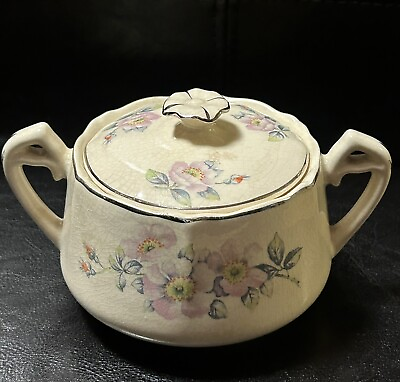 #ad Vintage 4” W.S. George Pink Argosy Blossom Pattern Sugar Bowl w Lid $17.99