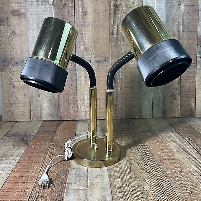 #ad Vintage Brass And Black Double Gooseneck Desk Lamp Mid Century Modern Works $50.00