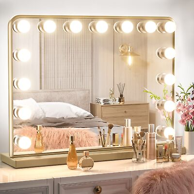 #ad Gold Vanity Mirror with Lights 15 Replaceable Bulbs Hollywood Makeup Mirror ... $155.05