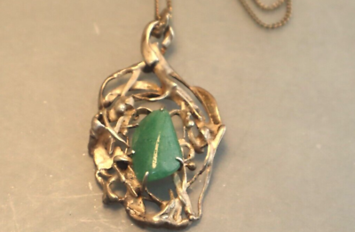 #ad Sterling Brutalist Necklace Green Stone Vintage Pendant $54.99