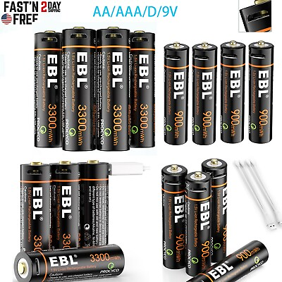 #ad EBL AA AAA Lithium Li ion Batteries USB Rechargeable 1.5V 1.5Volt w Cable Lot $19.99