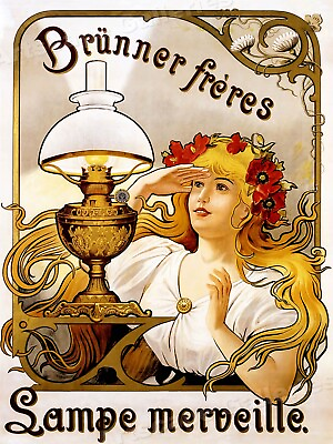 #ad 1900s “Brunner Freres Lampe Merveille” Vintage Electric Lamp Poster 18x24 $13.95