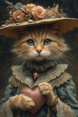 #ad VALENTINES CAT ART PRINT Victorian Kitty Poster Whimsical Feline Animal C991 $9.95