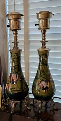 #ad 1948 Walter MOORCROFT Art Pottery Large Fuschia Floral Table Lamps WORK $1495.00