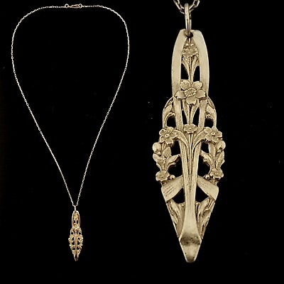 #ad Vintage French Ornate 1900s Fine Floral Details Pendant Brass Necklace $36.00