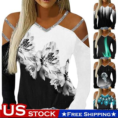 #ad Women#x27;s Floral V Neck Cold Shoulder Shirt Ladies Casual Loose Blouse Tee Tops $13.19