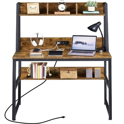 #ad Large Home Office Desk Computer Desk 47in w Power Outlet and Elevated Bookshelf $108.99