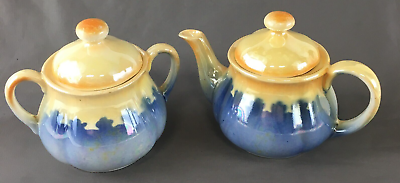 #ad Vintage Czecho Sovakia Blue amp; Yellow Lusterware Ceramic Lidded Sugar amp; Creamer $24.99