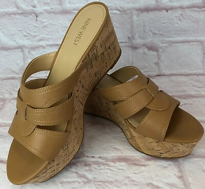#ad Nine West Womens Sandals 10 M Vivica 3 Platform Wedge Cork Tan Natural Strap New $24.99