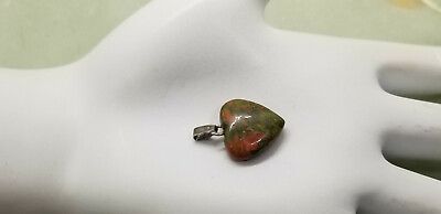 #ad Carved Heart Unakite Stone Vintage Pendant Charm 3 4quot; Pink Green Marbled Design $16.89