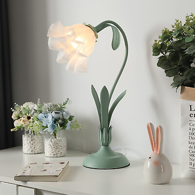 #ad Flower Table Lamp Lily Shaped Glass Green Bedside Desk Light Gorgeous Home Decor $59.99