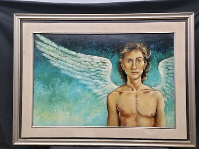 #ad MID CENTURY GABRIEL ANGEL PAINTING 1970s ORIGINAL ON BOARD 38×27 WINGED ANGEL $375.50