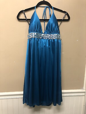 #ad XOXO Teal Blue Jeweled Bust Line Party Dress Size L NWT $22.49
