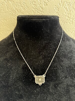 #ad Vtg Antique Art Deco 10k Gold Filigree Rock Crystal amp; Diamond Pendant Necklace $650.00