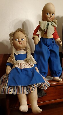 #ad Hansel and Gretel Vintage Dolls Painted Face Cloth Body Faces 1940s Antique $38.50