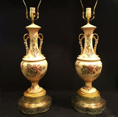 #ad Pair of antique porcelain urn lamps. Filigree brass bases. French provincial. $689.00