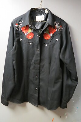 #ad VTG Black Roper Country Western Shirt Pink Embroidered Pearl Snap Size Large $32.00
