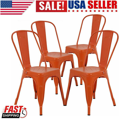 #ad ORANGE Metal Dining Chair Stackable Side Chairs Bar Chairs with Back Set of 4 $169.99