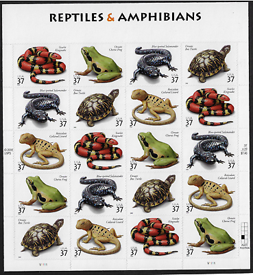 #ad US Stamps Full Pane of 16 Reptiles and Amphibians #3814 3818 MNH $14.76