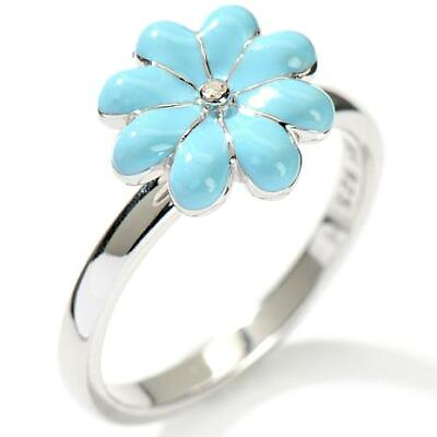 #ad HSN Diamond Accent Blue Enamel Sterling Silver Flower Ring Size 6 $259 $160.24