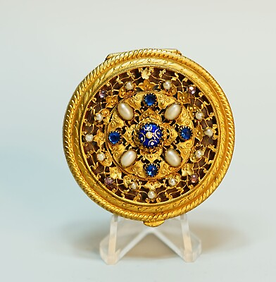 #ad 1890#x27;s Heinrich Hoffmman Jeweled Gilt Brass Powder Compact Seed Pearls Enamel $209.45
