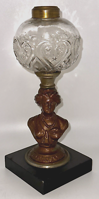 #ad Antique Composite Oil Kerosene Lamp HEART amp; STARS Font w Gallinger Lady Stem $117.00