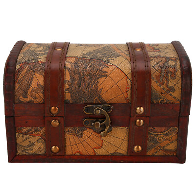#ad Vintage Wood Box Jewelry Storage Case Handmade Treasure Chest Map $15.28