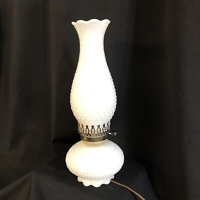 #ad Vintage White Milk Glass Hobnail Parlor Table Boudoir Lamp W Shade 15quot; $25.00