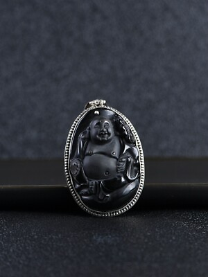 #ad I05 Pendant Buddha Figurine Maitreya Black Obsidian Sterling Silver 925 $145.40