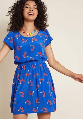 #ad Peach Love Mod Cloth Dress Size 1X Plus Blue Fox Print Lined Elastic Waistband $21.21