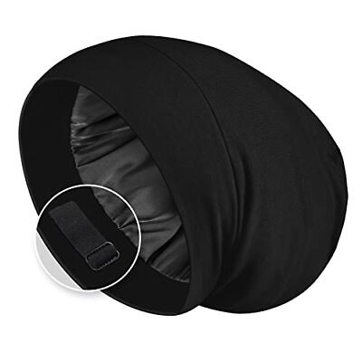 #ad Black Satin Night Sleeping Cap For Long Hair Wrap Bonnet Hat Hair Care Men Women $12.91