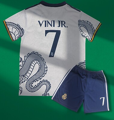 #ad Madrid Kids White Dragon Soccer Jersey #7 Vini Jr. Shorts Socks Set Youth Sizes $34.99