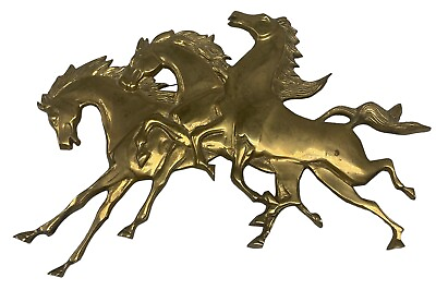 #ad Vintage Running Wild Horses Solid Brass Wall Hanging Plaque 16quot; Western Bohemian $75.00