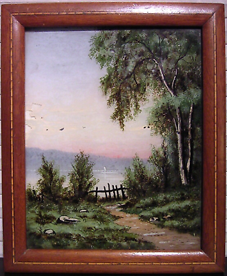 #ad Antique Reverse Painting on Glass Hudson River Valley Sunset Landscape $42.50