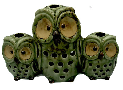 #ad Large 3 Owl Tea Light Candle Holders Figurine Green Pottery Cute Owl $78.00