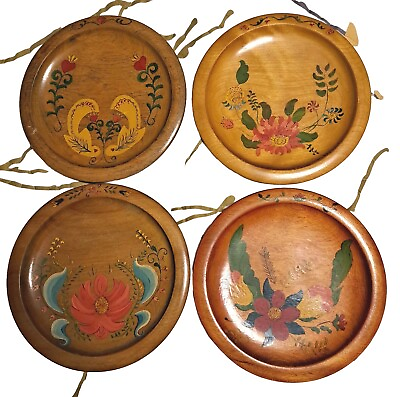 #ad Lot 4 Vintage Mid Century Modern Hand Painted Birds Flowers Wooden Plate Round $40.00