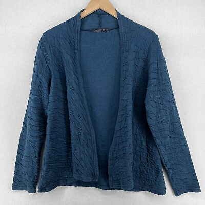 #ad CUT LOOSE Cardigan Womens L Crinkle Long Sleeve Stretch Open Front Blue USA $34.99
