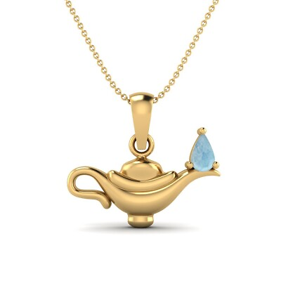 #ad 14k Yellow Gold Pear Natural Larimar Dainty Aladdin Lamp Charm Necklace $267.35
