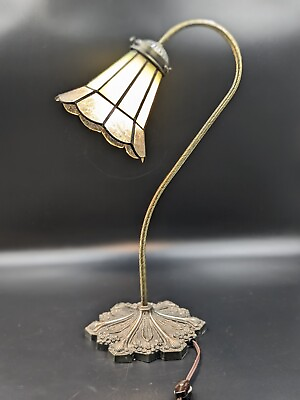 #ad Tiffany Style Leaded Glass Goose Neck Table Lamp Stained Glass Floral Base $52.00