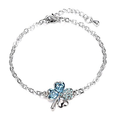 #ad Lucky Clover Shamrock Blue Jeweled Chain Bracelet Made With Swarovski Crystals $9.74