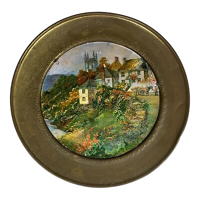 #ad VTG Brass Wall Plate 3d Velvet Countryside Landscape Made in England Foil Art $12.98