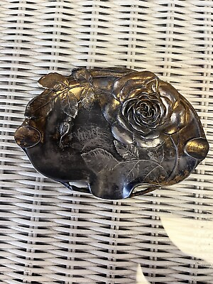 #ad Antique French Art Deco Cast Metal Stunning Rose Design Ashtray $40.00